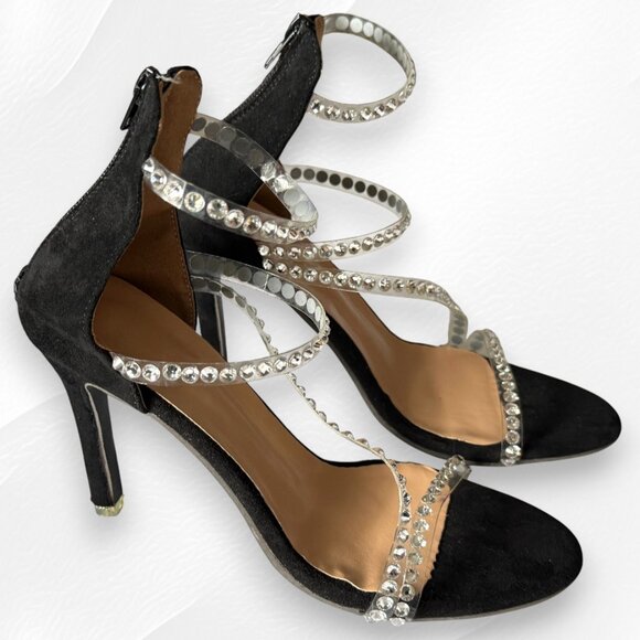 Sparkling NWOT Diamond Rhinestone Multi Stap Zipper Faux Suede Balck High Heels - Picture 2 of 9